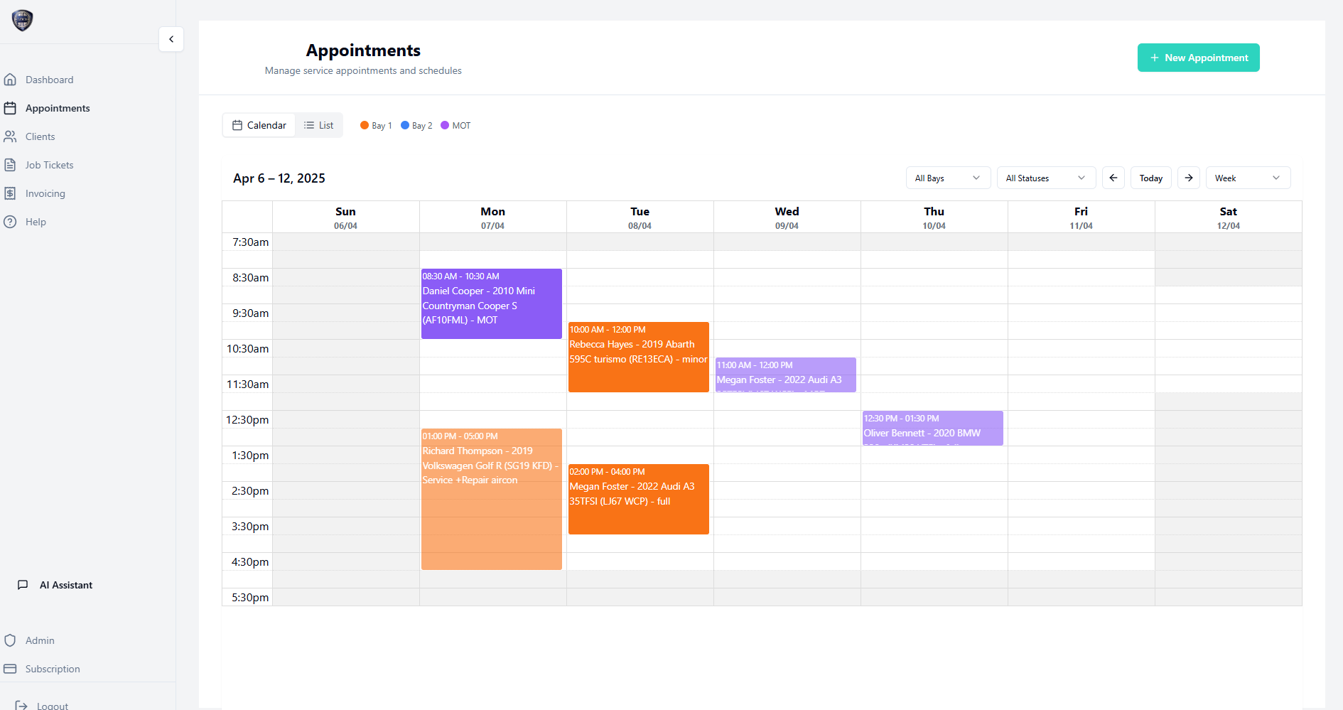 GarageWizz appointment calendar showing jobs assigned across workshop bays