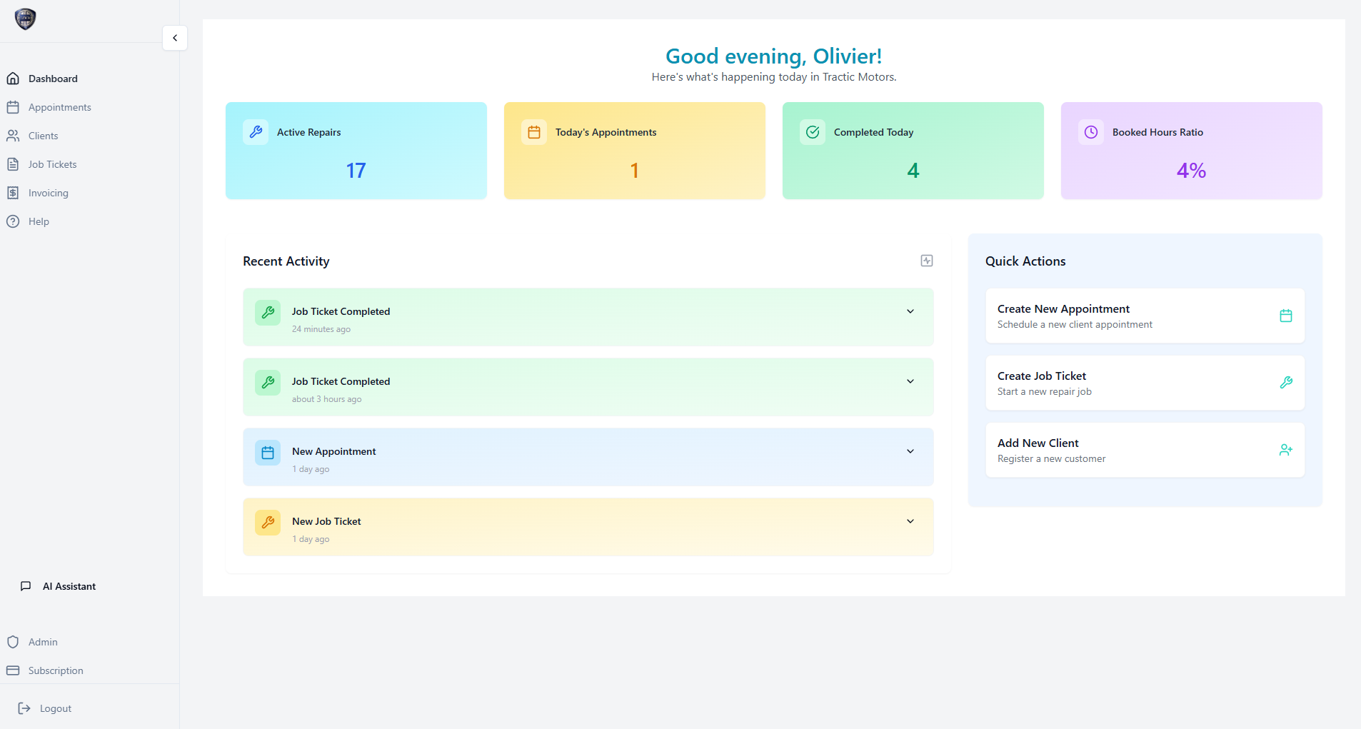 GarageWizz dashboard with active jobs and appointment metrics