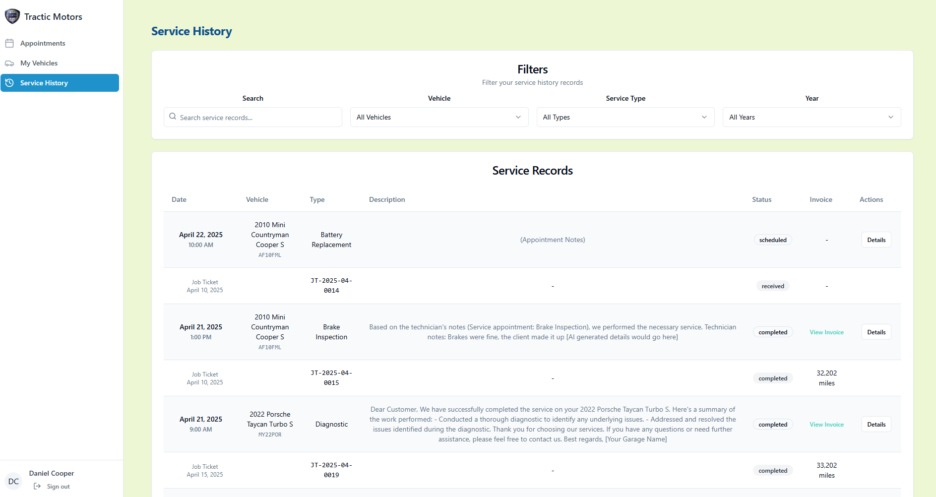 GarageWizz customer portal showing appointments and vehicle details